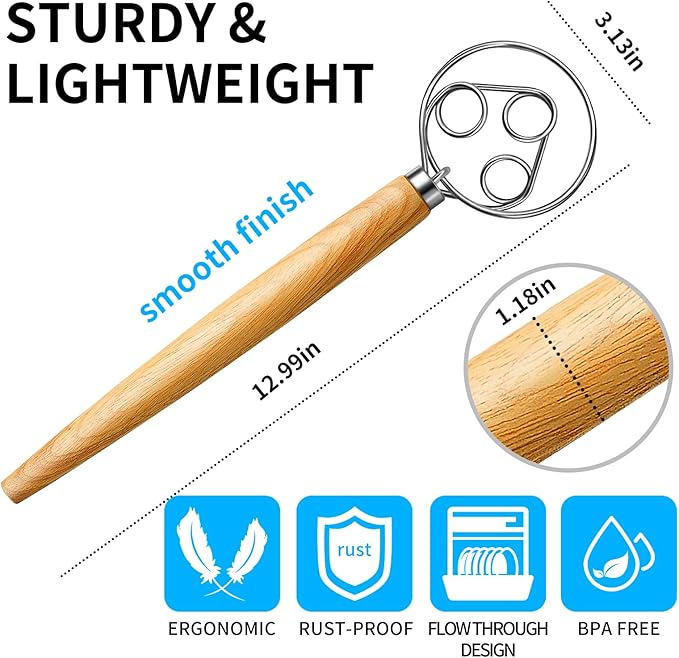 TEEVEA Danish Dough Whisk for Bread Sourdough, Wooden Handle & Stainless Steel Hook