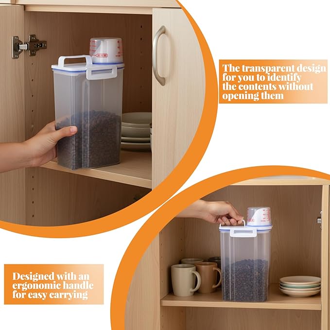 SHENLIU 4 Pcs 5.5Lbs Rice Dispenser Storage Containers, Rice Container with Measuring Cup & Pour Spout, Kitchen Plastic Airtight Container for Cereal, Grain, Flour, Sugar, Oatmeal, Dry Pet Dog Food