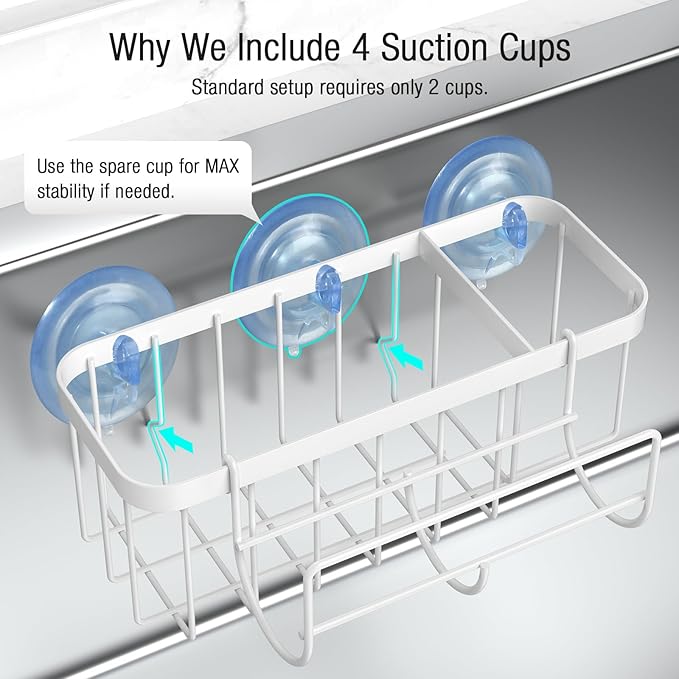 3-in-1 Kitchen Sink Caddy Organizer with Sponge Holder, Brush Holder, Extra Rack for Scrubber, Sink Stopper, Dish Cloth Hanger - Strong Dual Suction Cup, 2.0mm SUS304 Stainless Steel - White