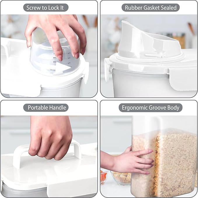 Komzon Rice Storage Containers, Airtight Cereal Containers Storage, with Pouring Spout Portable Handle for Flour, Pasta, Grain and Baking, Pet Dog Cat Bird Food Container 20lb White