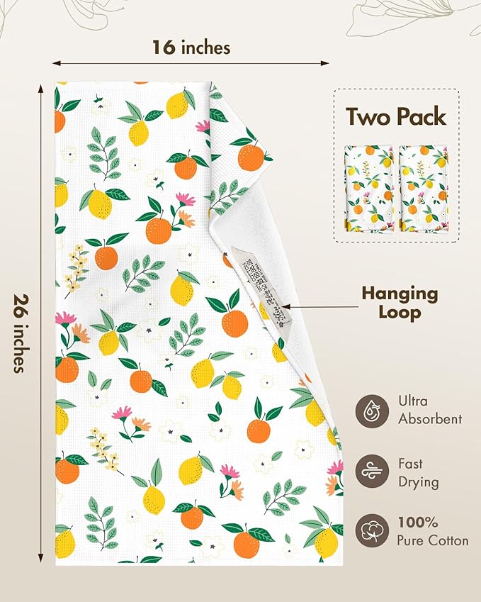Miss Adola 2pcs Waffle Kitchen Towels - 16x26 Inch Cotton Waffle Weave Dish Cloths Set of 2 with Hanging Loop Absorbent Hand Tea Towels Fruits Design for Housewarming Gift, Citrus