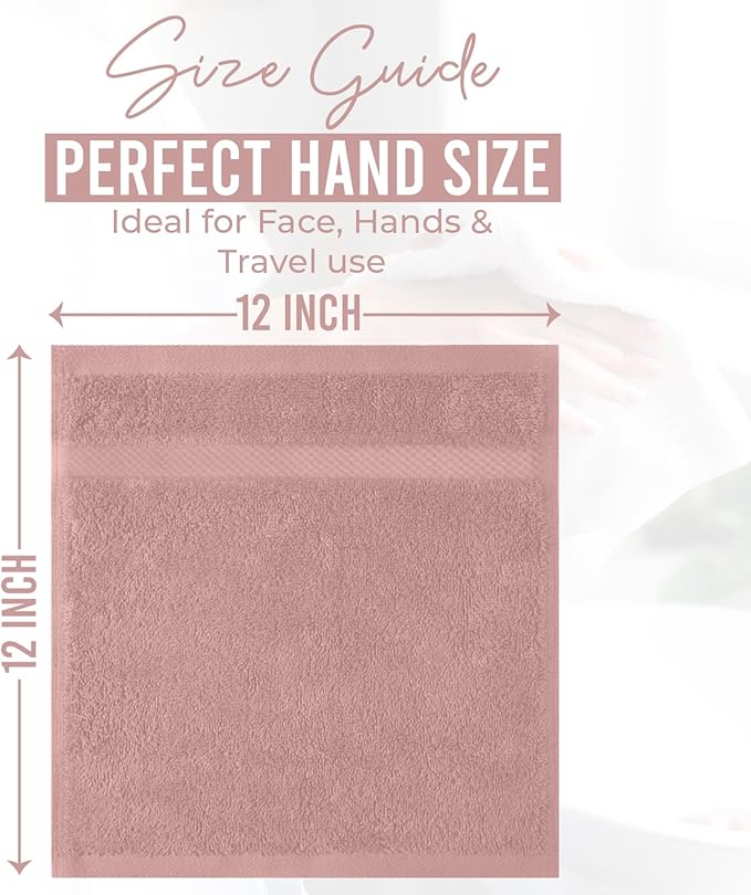 DAN RIVER 12-Pack Premium 100% Cotton Dusty Rose Face Towels for Bathroom - Reusable Face Wash Cloths for Showering 12x12 Inches - 550 GSM Super Soft & Absorbent Luxury WashCloths for Body, Spa & Gym