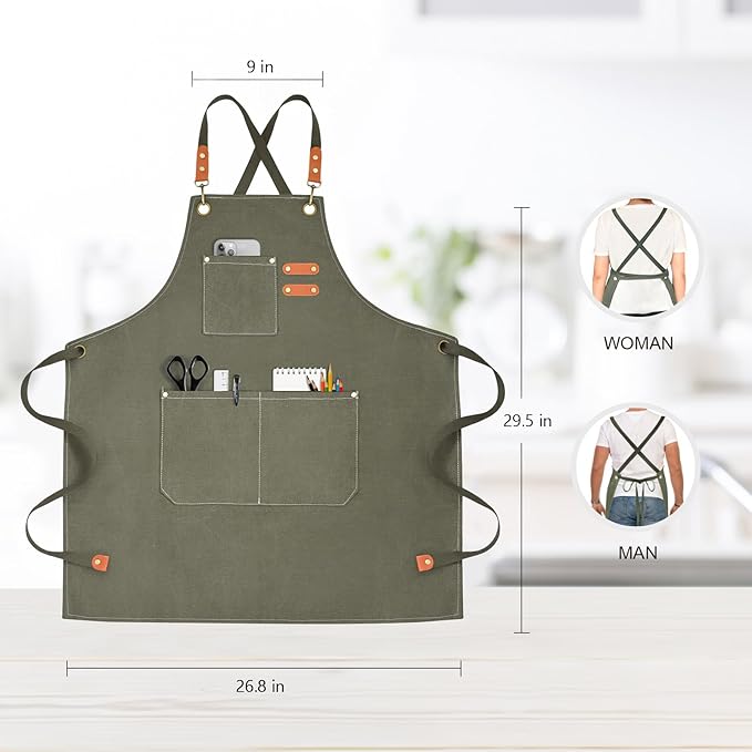 OUNLEN Chef Apron for Men Women Canvas Aprons with 3 Pockets Cross Back Resistant Work Apron for Cooking