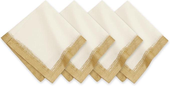 Villeroy & Boch Linen Blend Metallic Brushstroke Napkins, 21 Inches x 21 Inches, Set of 4, Ivory and Gold