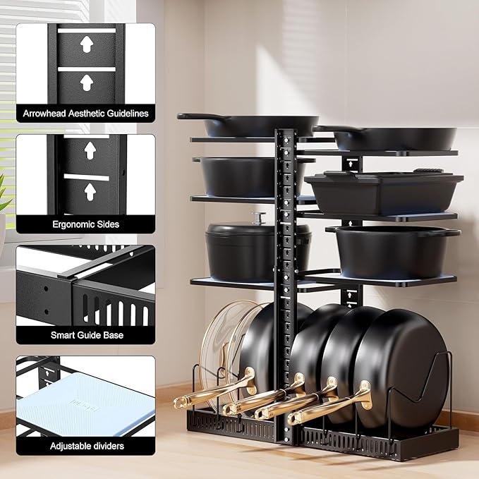 LAMU Pots and Pans Organizer under Cabinet, Expandable to 24" H Pan Organizers inside Cabinet for Kitchen Storage, 6 Adjustable Tiers and 6 Pot Lid Organizer Racks, Holds 12 Cast Iron Cookware Black