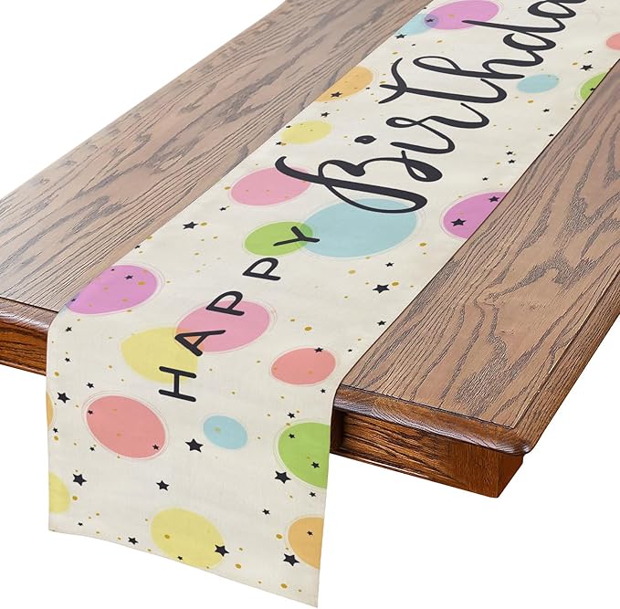 Happy Birthday Table Runner 13x72 Inch Colorful Circle Stars Farmhouse Polyester Linen Table Decoration for Kitchen Dinning, Indoor Outdoor Home Dinner Party (Rainbow)