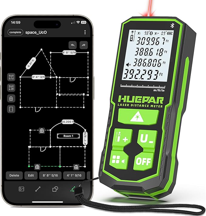 Huepar Laser Distance Measure 395Ft. Digital Rechargeable Laser Measuring Tool with Bluetooth -Phone APP, 1/16in Accuracy, Angle Sensor, M/in/Ft Unit, Pythagorean Mode, Measure Distance, Area, Volume