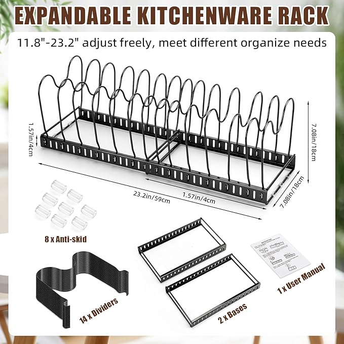 2 Pack Pot & Pans Organizer Kit for Cabinet, 8 Tier Adjustable Pot & Pans Organizer Rack, Expandable Cutting Board Storage Rack Baking Tray Cookie Sheet Holder with 14 Adjustable Divider Kitchen