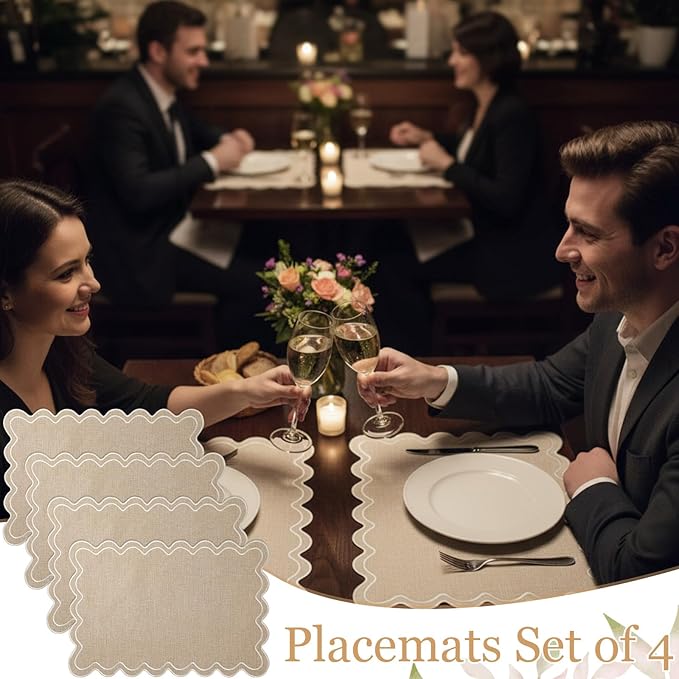 Set of 4 Cotton Linen Placemats, 13x19 Inch Scalloped Wavy Embroidery Placemat Double Layered Washable Rustic Rectangle Dinner Table Mats for Kitchen Wedding Home Party Decor(Flax)