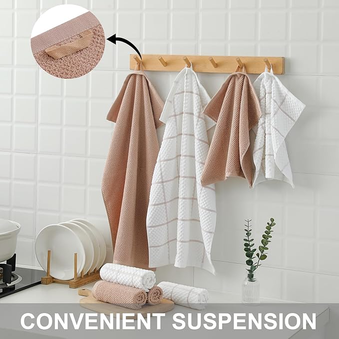 12 Pack Kitchen Towels and Dishcloths Set, 100% Cotton Soft and Absorbent Kitchen Towels 16 x 25 inche & 13 x 13inche Dishcloths