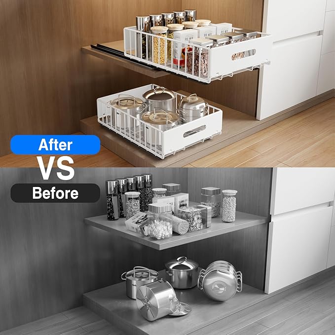 MUSTORN 2 Pack Pull Out Cabinet Organizer, Slide Out Cabinet Drawers Peel and Stick Pull Out Drawers Heavy Duty Pull Out Shelf for Kitchen, Cupboard, Pantry, Bathroom (16.5" D*11.8" W*3.94" H-White)