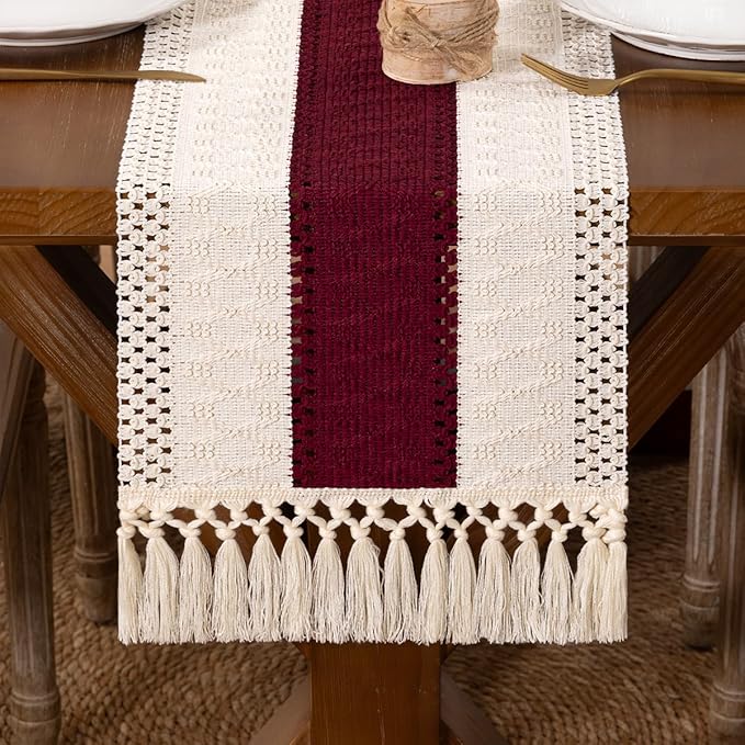 DeZerlor Boho Macrame Table Runner Spring Easter Farmhouse Woven Table Runner with Tassels 108 Inches Ivory& Burgundy Red Cotton Linen Kitchen Table Decor for Dining Dresser Home Tea Table Decor