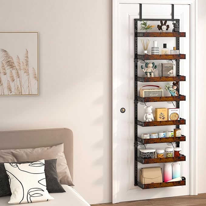 bukfen Over the Door Pantry Organizer, 8-Tier Adjustable Wooden Basket Kitchen Pantry Door Organization and Storage, 2 in 1 Wall Mount or Hanging Heavy-Duty Metal Hanging Kitchen Spice Rack, 1 Pack