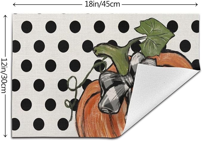 Fall Placemats Set of 4, 12x18 Inches Polka Dot Orange Pumpkin Decorative Linen Rectangle Autumn Thanksgiving Decor Pumpkin Table Mats for Party Home Kitchen Dining Table Decoration