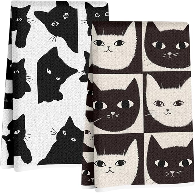 2Pcs Cat Kitchen Towels, Funny Cats Absorbent Tea Towel Decorative Dish Hand Towels Cat Lover Gifts for Cleaning Drying Cats Owners Women Mom Housewarming Gifts 14 x 24 Inch Kitchen Home Decor-1