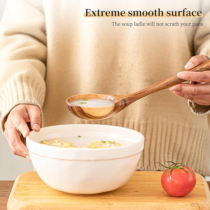 Gudamaye Wooden Soup Ladles, Natural Teak Wooden Spoons, 13 inch Big Deep Ladle for Cooking, Wood Kitchen Utensils Set