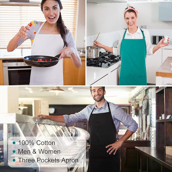 Jubatus 2 Pack 3 Pockets 100% Cotton Adjustable Bib Apron Chef Kitchen Cooking Aprons for Women Men, White