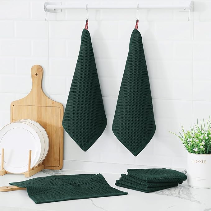 Kitinjoy 100% Cotton Kitchen Dish Cloths (12 X 12 Inches, Blackish Green), 6 Pack Waffle Weave Ultra Soft Absorbent Dish Towels for Drying Dishes Quick Drying Kitchen Towels Dish Rags