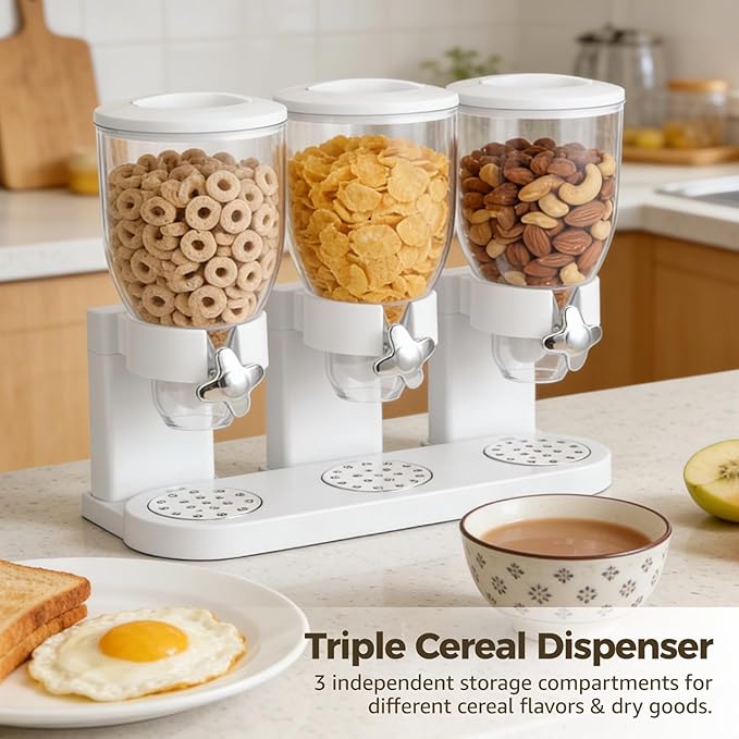 Triple Cereal Dispenser Countertop, 2L Each Capacity Dry Food Storage Container, Easy Refill Plastic Cereal Dispenser for Grains, Nuts, Coffee Beans, Candies