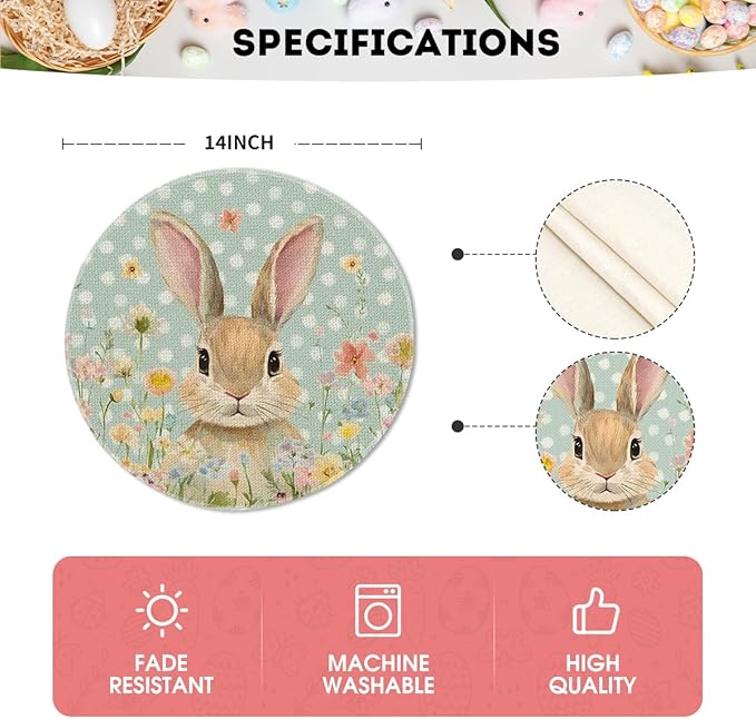 Artoid Mode Blue Bunny Polka Dot Easter Placemats Set of 4, 14 Inch Round Seasonal Spring Holiday Table Mats for Party Kitchen Dining Decoration