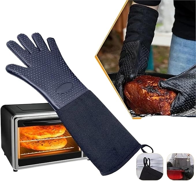 Linwnil Extra Long Professional Silicone Oven Mitts with Quilted Liner, Durable Heat Resistant Oven Gloves, Heat Resistant Oven Gloves,2 Pack (Black)