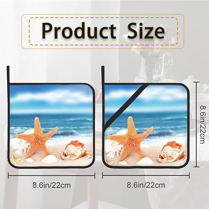 Beach Starfish Shells Pot Holder Set of 2,Heat Resistant Potholders Oven Hot Pads for Kitchen Cooking Baking BBQ