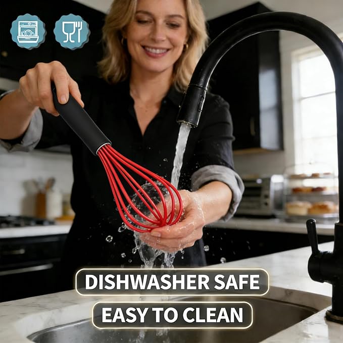Anaeat Silicone Whisk, Thick Stainless Steel Wire Inner - Heat Resistant Kitchen Whisks for Non-Stick Cookware, Balloon Egg Beater for Whisking, Blending, Beating, Frothing & Stirring (Red)