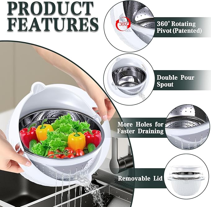4-1 Colander with Bowl Set - Rotatable Colander for Kitchen(Patented) - Strainers and Colanders - Pasta Strainer with New Upgraded Graters for Fruit Veggie Fun Kitchen Presents - White