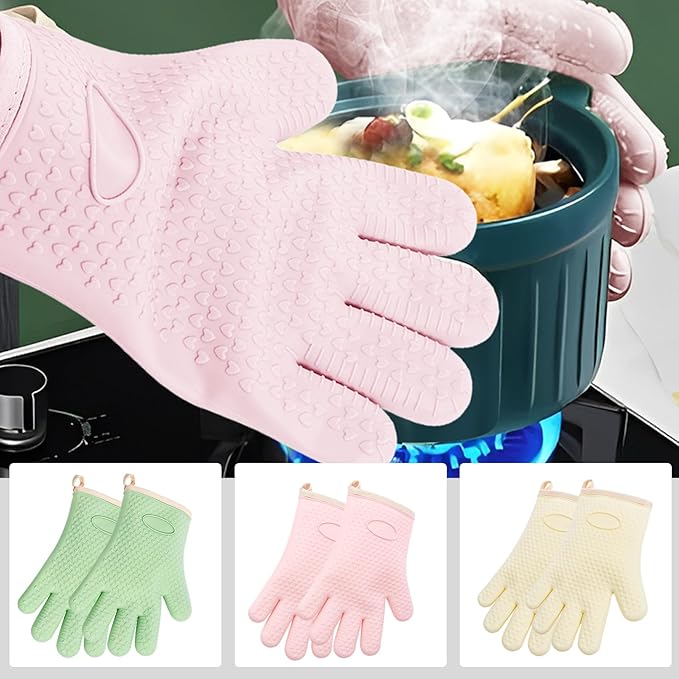 3 Pairs Silicone Oven Mitts Set, Heat Resistant Oven Glove with Soft Cotton Lining, Waterproof Non-Slip Kitchen Mittens for Men Women Grilling Cooking Baking