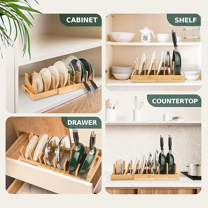 Wisreach Bamboo Pot Lid Organizer, Adjustable Kitchen Organizer for Cabinet, Expandable Pot and Pan Storage Rack, Kitchen Organization for Lids, Bakeware, and Cutting Boards