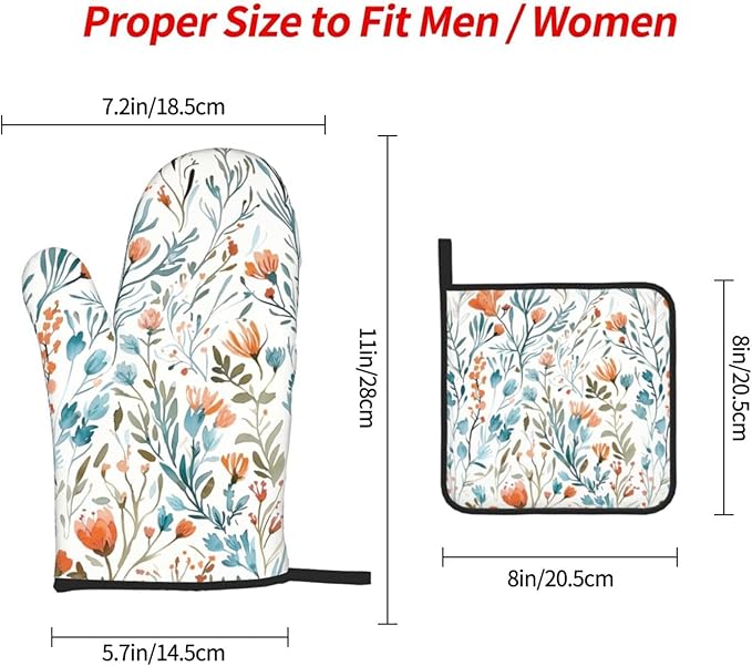 Teal Orange Watercolor Floral Oven Mitts and Pot Holders Sets of 3, Heat Resistant Non-Slip Washable, Chef Cooking Baking Gifts for Women Bakers, Burnt Orange Blue Green Flowers Charming Kitchen Decor