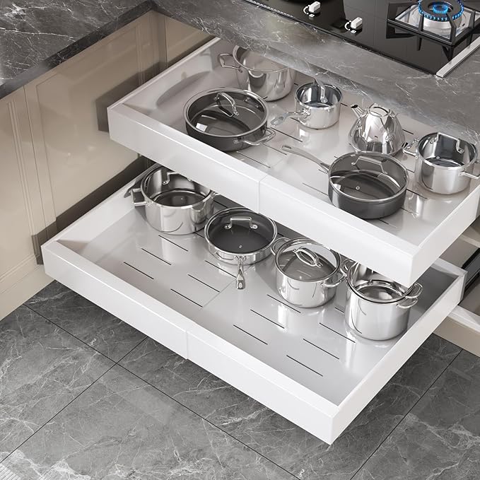 Seinloes 1 Pack Pull Out Cabinet Organizer 21" Deep,Full Extension 3 Slide Rails Slide Out Drawers With Raising Pad for Framed Cabinets,Expandable Width (15.4"-26.2"),No Drill Roll Out Shelves,White