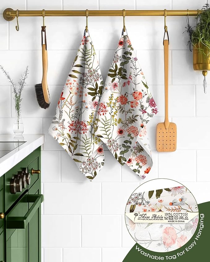 Miss Adola Flour Sack Kitchen Towels Set of 2-18x26 Cotton Dish Towels with Hanging Loop Reusable Tea Towel for Cleaning Spring Absorbent Dishcloths Cute Home Decor Housewarming, Flower Shrubs