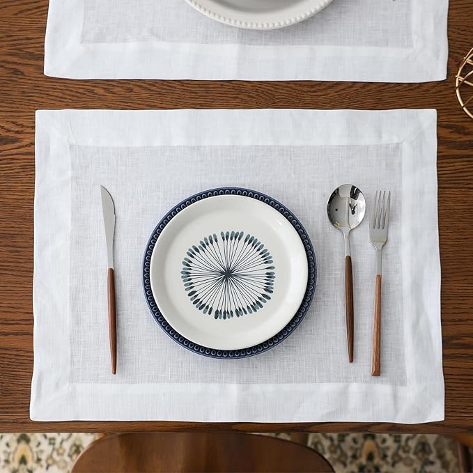 Simple&Opulence Linen Placemats Set of 4 – Hemstitched Dinner Cloth Placemats for Wedding,Party,Mothers Day,Easter – Machine Washable and Reusable 14"×19" White