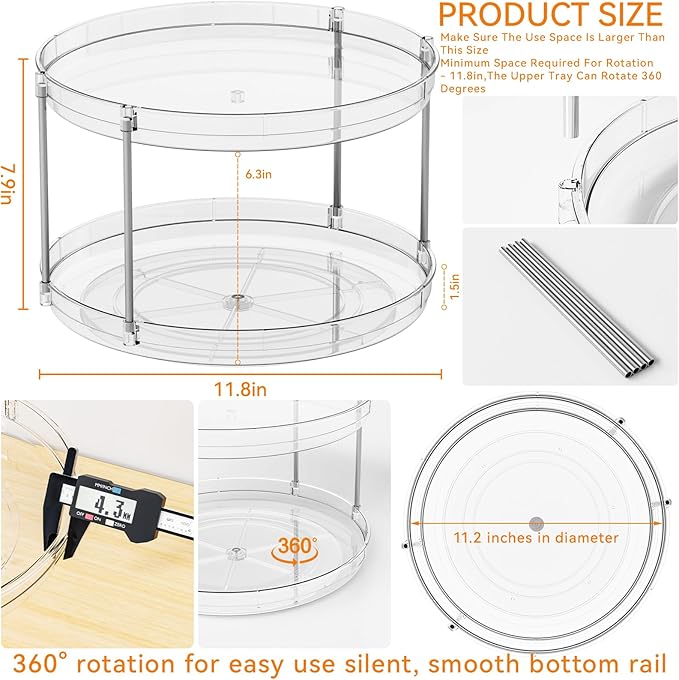 2 Tier Lazy Susan Turntable for Cabinet,Countertop,Pantry,12"W Spinning Seasoning Organizer,Double Rotating Kitchen Spice Rack Organizer and Condiments,Medicine,Vitamin Bottle Organizer Carousels,2Pc