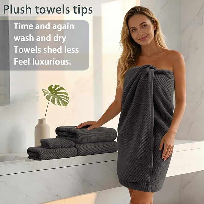 VOOVA & MOVAS Gray Towels - 100% Cotton | Lightweight | Quick Dry | Thick | Soft, Towel Set of 6, 2 Large Bath 30" x 56", 2 Hand 18" x 28", 2 Washcloths 13" x 13", Towel Gift Set, Dark Grey