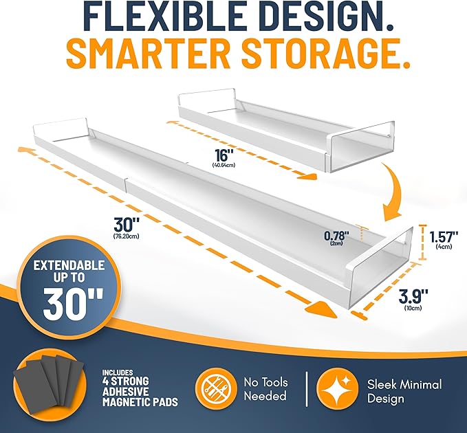 Extendable Steel Over the Stove Shelf for Back of Stove (16 to 30 Inches) Magnetic Stove Top Shelf for Kitchen Stove, Over Stove Shelf for Back of Stove - Over the Stove Spice Rack Shelf (White)