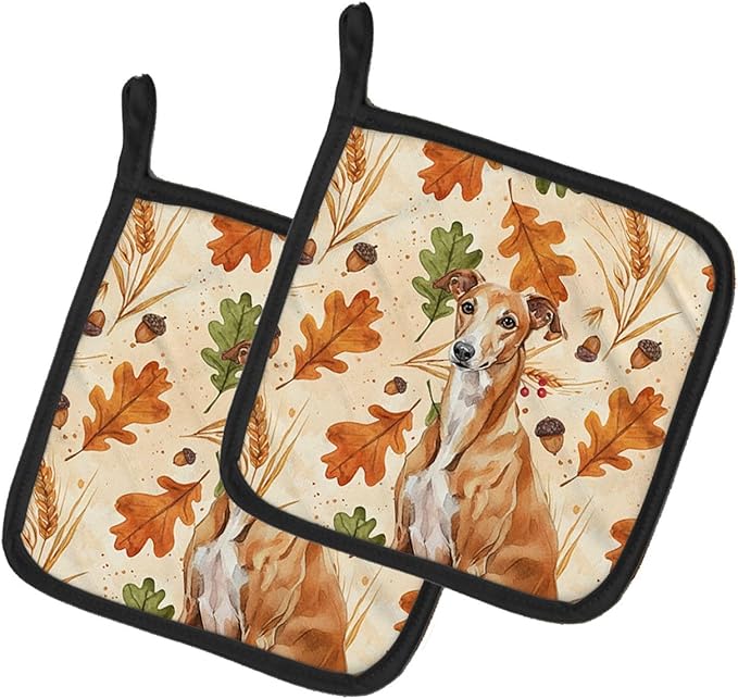 Caroline's Treasures Red Greyhound Heirloom Fall Pair of Pot Holders Pair 7.5x7.5 Quilted Insulated Hot Pads Decorative Kitchen Gift Made in USA