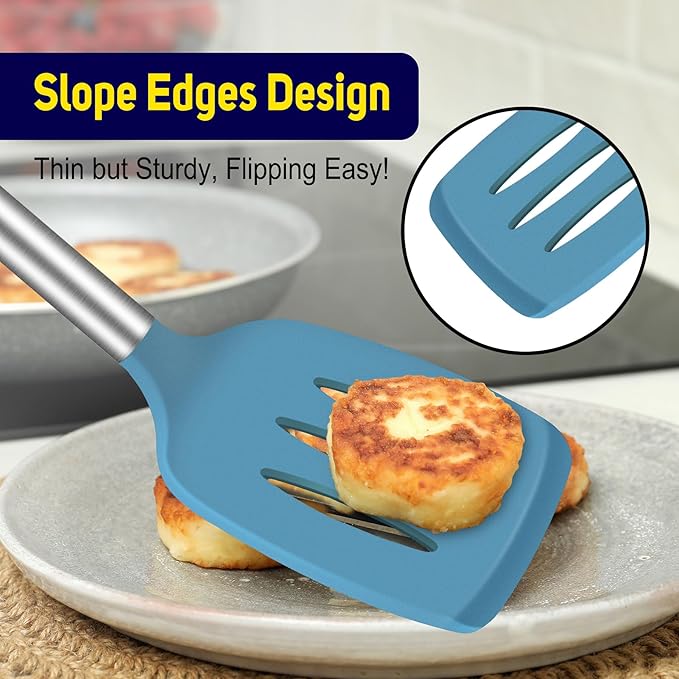 HOTEC Silicone Spatula Set of 2 Heat-Resistant 600°F & BPA-Free Kitchen SaptulaTurner with Stainless Steel Handles, Slotted & Solid Spatulas for Nonstick Cookware, 13.7 Inch, Blue