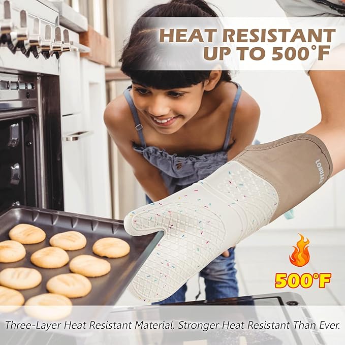 Extra Long Oven Mitts and Potholders 6Pcs Set, 500°F Heat Resistant Kitchen Oven Gloves 15'' Oven Mitts with Non-Slip Silicone Surface Soft Cotton Lining for Cooking, Baking and Grilling - Milky White