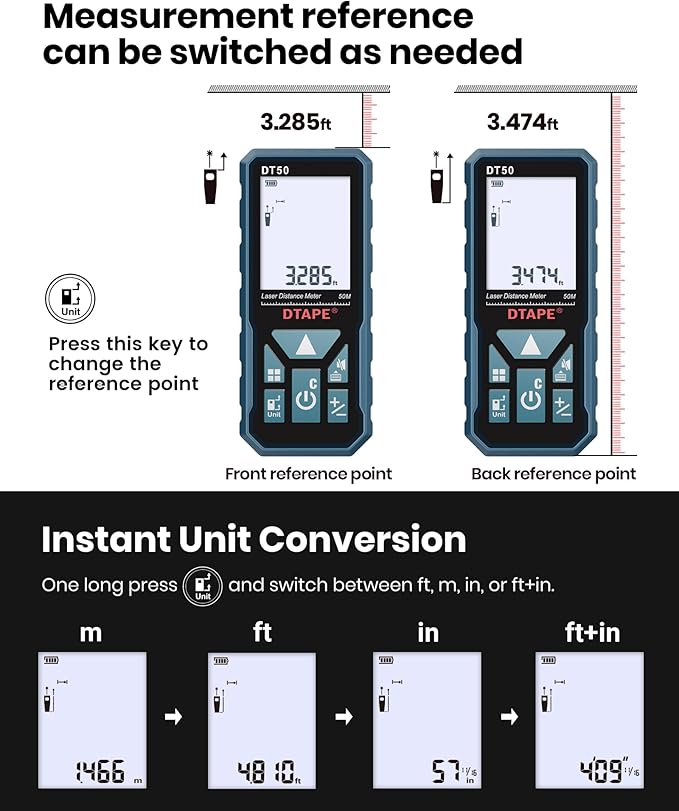 Laser Measure, DTAPE Digital Laser Distance Meter, Upgraded High-Accuracy Laser Measuring Tool, Electronic Tape Measure, 2" Backlit LCD Display, Area/Volume/Indirect Measurement, in/Ft/Ft+in/M