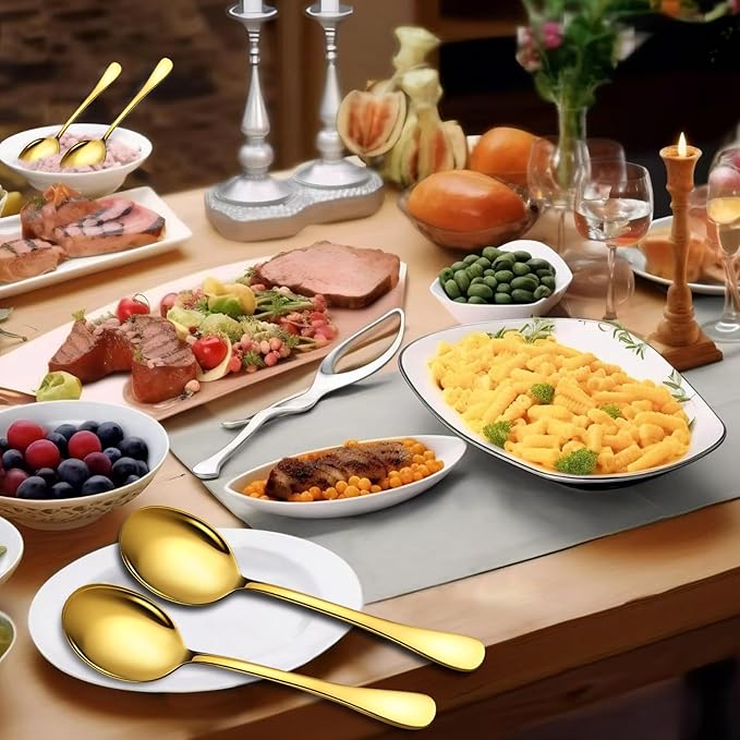 Stainless Steel Serving Spoons Set, 8pc, 10-Inch, Includes 4 Large, 4 Slotted, for Parties/Kitchen/Buffet/Catering, Dishwasher Safe, Gold