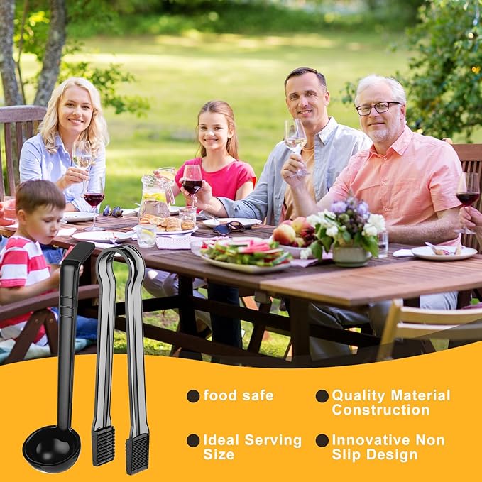 12 Pieces Plastic Serving Utensils Set Including 6 Pcs 1 oz Small Ladle and 6 Pcs Tong Acrylic Long Handle Ladle for Serving Sauce, Soup, Dressing, Punch Bowl, Gravy for Party Banquet Catering(Black)