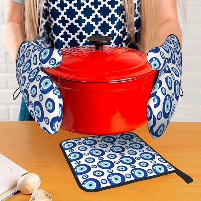 Blue Evil Eyes Oven Mitts and Pot Holders Sets of 3 Funny Hot Pads Heat Resistant Non Slip Washable for Cooking Grilling Baking BBQ Kitchen Decor