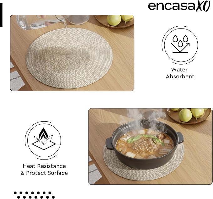 Encasa XO Dining Placemats Set of 4 | Cotton Round Table Mat - 13 in Diameter | Beige & Off White Mix | Handmade Rib Style Chargers for Dinner Plates