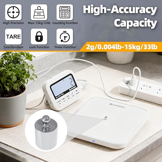 UNIWEIGH Digital Kitchen Food Scale 33lb-Detachable LCD Display,1g/0.1oz Precise Electronic Weight Scale for Baking, Tare/Hold/Timer Function, Glass Platform, Count Mode, Wall-Mount & Tilt Stand