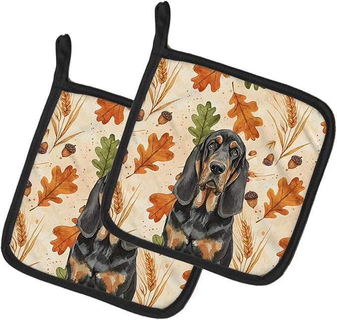 Caroline's Treasures Black and Tan Bloodhound Heirloom Fall Pair of Pot Holders Pair 7.5x7.5 Quilted Insulated Hot Pads Decorative Kitchen Gift Made in USA