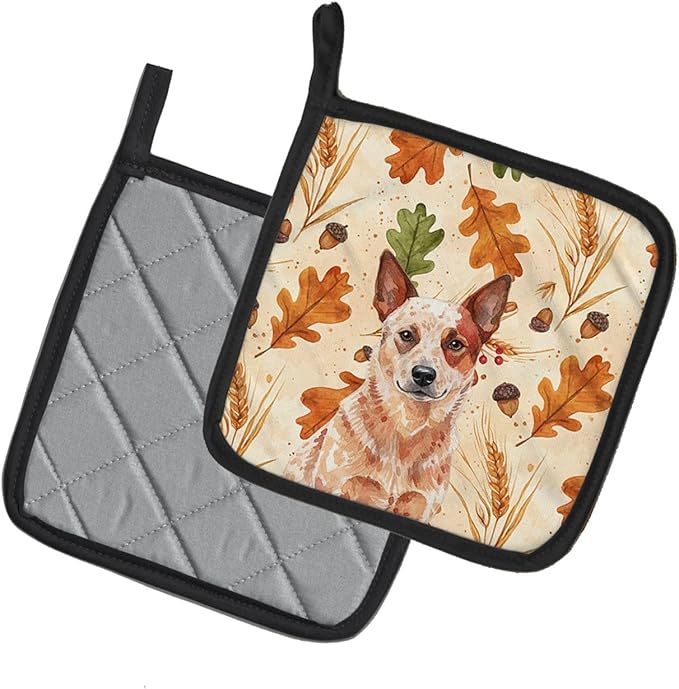 Caroline's Treasures Red Heeler Australian Cattle Dog Heirloom Fall Pair of Pot Holders Pair 7.5x7.5 Quilted Insulated Hot Pads Decorative Kitchen Gift Made in USA