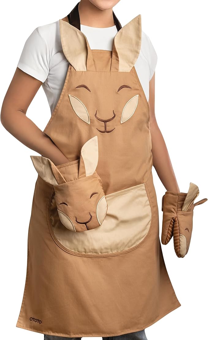 OTOTO Aproo Kitchen Set – Oven Mitts and Chef Apron with Pockets, Cute Cooking Accessories, Funny Kitchen Gift, Kangaroo (Brown Aproo Set)