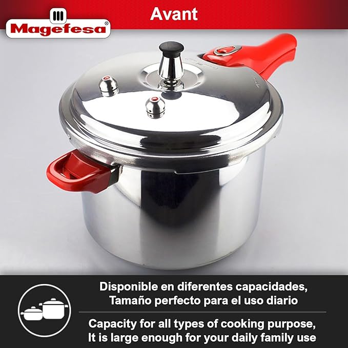 MAGEFESA Avant 6.2-Quart Aluminum Pressure Cooker, Compatible with Gas, Electric & Ceramic Stoves, Stovetop Pressure Canner with Trivet, Red Handle